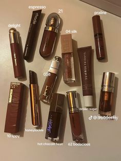 Brown lip products + names - Dior - Tarte - Kiko - Summer Fridays - MAC - Rhode - Rare bueaty - NYC -Fenty bueaty  - Maybeline Brown Lipstick Combo, Haut Routine, Alat Makeup, Makeup Accesories, Makeup For Black Skin, Lip Makeup Tutorial, Brown Skin Makeup, Makeup Help, Pinterest Makeup