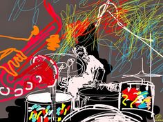 a drawing of a man playing the drums