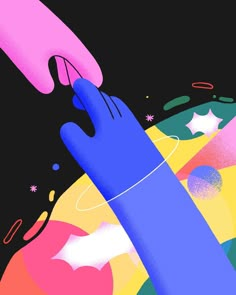 two hands reaching for each other in front of a black background with colorful shapes and stars