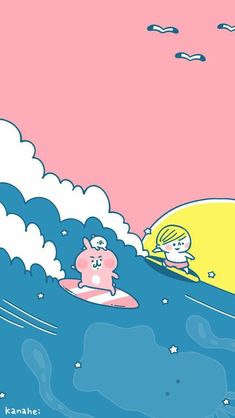 a cartoon girl riding a surfboard on top of a wave in the ocean at sunset