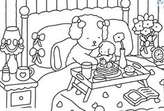 a black and white drawing of a child's bed with teddy bears on it