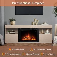 an entertainment center with a fireplace in the middle and five flames on each side, including four different colors