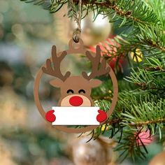 a christmas ornament hanging from a tree with reindeer's head on it