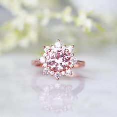 Snowflake Morganite Ring 14K Rose Gold Vermeil Ring Halo | Etsy Classic Pink Cluster Ring For Anniversary, Delicate Rose Gold Cluster Ring As Gift, Delicate Rose Gold Cluster Ring For Gifts, Classic Pink Cluster Ring For Formal Occasions, Formal Rose Gold Birthstone Ring With Center Stone, Classic Rose Gold Flower Ring For Anniversary, Anniversary Rose Gold Halo Ring, Pink Gold Wedding Jewelry With Round Cut, Rose Gold Rings With Halo Design For Gift