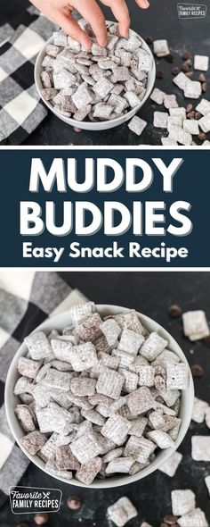 muddy buddies recipe in a bowl on a checkered tablecloth with hands reaching for it