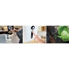 three different images show the process of cutting lettuce and using scissors to cut it