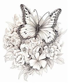 a black and white drawing of a butterfly on flowers