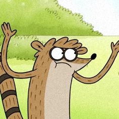 a cartoon racoon with its arms up and eyes wide open, standing in the grass