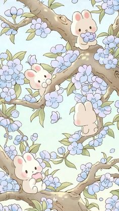 an animal themed wallpaper with blue flowers