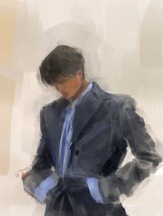 a digital painting of a man in a suit and tie looking down at his pocket