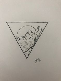 a drawing of mountains and trees in the middle of a triangle with a lake below