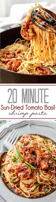 the recipe for sun dried tomato basil pasta is shown in two different photos and has been made