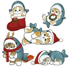 some cartoon cats are laying down and wearing christmas hats, scarves and scarfs