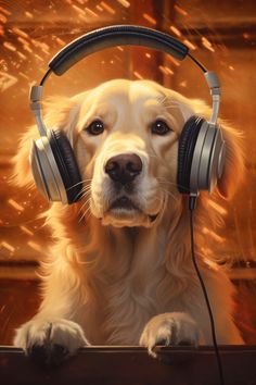 A photography of a golden retriever dog wearing grey headphones posing in a spark orange background. Wallpaper April, April 1st, Golden Dog