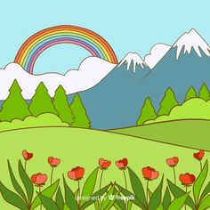 a landscape with mountains, flowers and a rainbow