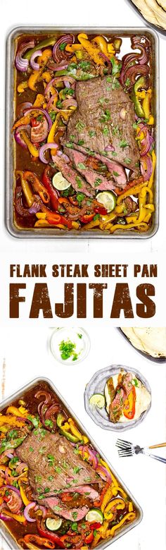 steak sheet pan fajitas with peppers, onions and mushrooms in them on a white background