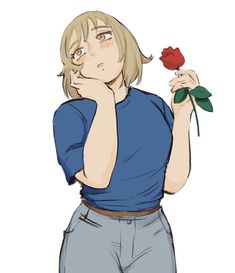 a drawing of a woman holding a rose in her hand and looking at the camera