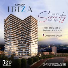 an advertisement for a luxury and style apartment building in the middle of a large city