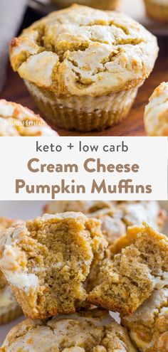 keto and low carb cream cheese pumpkin muffins stacked on top of each other