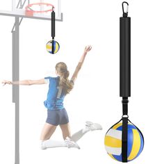 an image of a woman that is playing with a ball in the air next to a basketball hoop