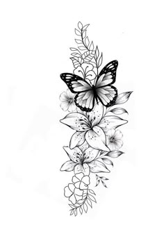 a black and white drawing of flowers with butterflies