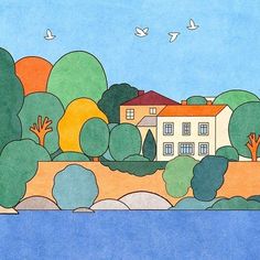 a drawing of a house surrounded by trees and water with birds flying around the house