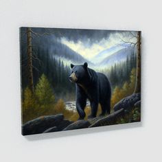 a painting of a black bear in the woods