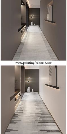 two photographs of the same room with different lighting fixtures and floor coverings on each side