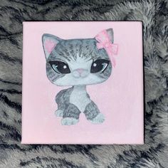 a painting of a cat with a pink bow on it's head and eyes