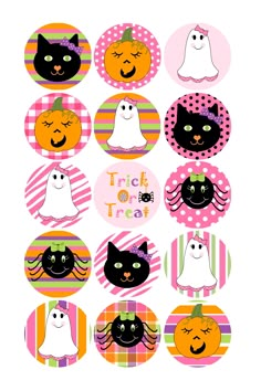 halloween cupcake toppers with black cats and ghost faces on pink, green, orange and white stripes