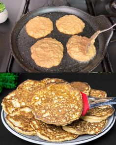 pancakes being cooked in a frying pan on the stove top and then topped with peanut butter