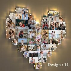 a heart shaped photo collage with lights on the side and photos in the middle