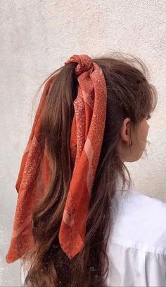 Aesthetic Head Scarf, Ponytail With Headscarf, Hair Bandana Ponytail, Hairstyles With A Hair Scarf, Hairstyle With Scrunchie Scarf, Hairstyles When Wearing A Dress, Different Ways To Use A Scarf, How To Put A Hair Scarf In, Scarf On Head Outfit Summer