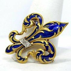 Elegant Blue Enamel Pin, Blue Diamond Brooches For Anniversary, Vintage Blue Diamond Brooch, Vintage Blue Diamond Brooches, Ornate Collectible Rose Cut Diamond Jewelry, Ornate Rose Cut Diamond Collectible Jewelry, Ornate Rose Cut Diamonds Jewelry Collectible, Blue Hallmarked Brooches For Anniversary, Yellow Gold Enamel Jewelry With Rose Cut Diamonds