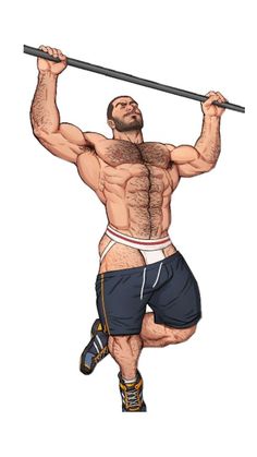 a drawing of a man with a barbell in his hand and no shirt on