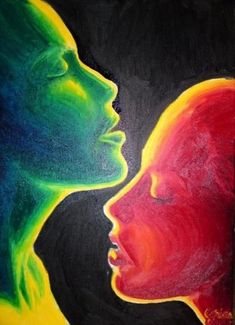 a painting of two people with their faces painted in bright colors, one is kissing the other