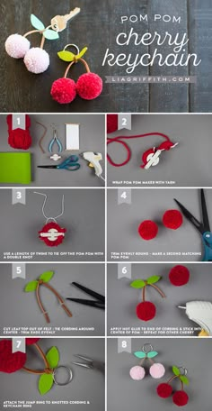 the instructions for making pom pom cherry keychain are shown in several different ways