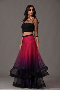 One long gown, keep top design, then flair out at waist, but go from black to color at bottom, keep black border. Indian Gowns, Blouse Design Models, Lehenga Designs, Indian Designer Outfits, Indian Attire, Indian Outfit