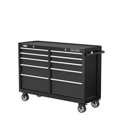 a black tool cabinet with two drawers on wheels