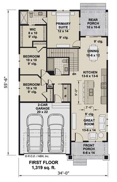 the first floor plan for a two story house