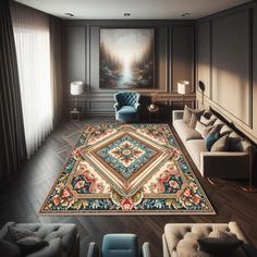 a living room filled with furniture and a rug on top of the floor next to a couch