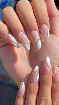 French Nails With Design Almond, White Nail Inspo Almond, Jell Nails Ideas, Almond White Nails Design, Nails For Paris Trip, Mail Inspo Almond, Abstract French Tip Nails, Abstract French Nails, White Abstract Nails