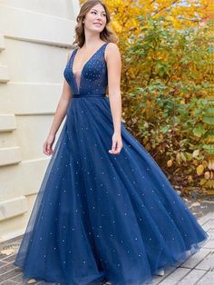 A Line V Neck Beaded Navy Blue Long Prom Dresses, V Neck Dark Blue Tulle Long Formal Evening Dresses Blue Tulle Prom Dress, Prom Dresses V Neck, Evening Dress Long, Dresses V Neck, Tulle Evening Dress, Blue Tulle, Long Prom Dresses, Tulle Prom Dress, Formal Evening Dresses