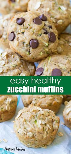 zucchini muffins with chocolate chips on top and the title overlay reads easy healthy zucchini muffins