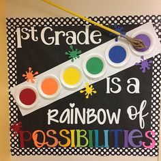 a sign that says, 1st grade is a rainbow of possibilities with paint and crayons