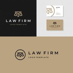 law firm logo and business card design with gold scales on black and white background, for law firm