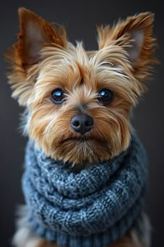 a small brown dog wearing a blue scarf