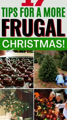 christmas trees and other holiday decorations with text overlay that reads 12 tips for a more frugal christmas