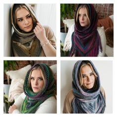 four different pictures of a woman wearing a shawl and holding her hand up to her face