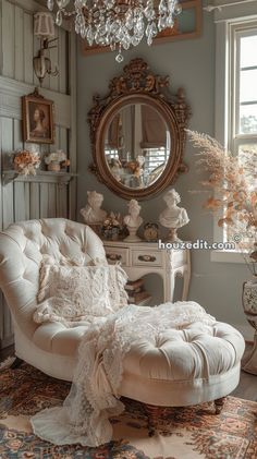 a white chair sitting on top of a rug next to a table with a mirror